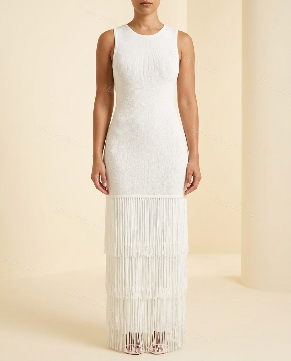 Ivory Sleek Fringe Maxi Dress by Massicos