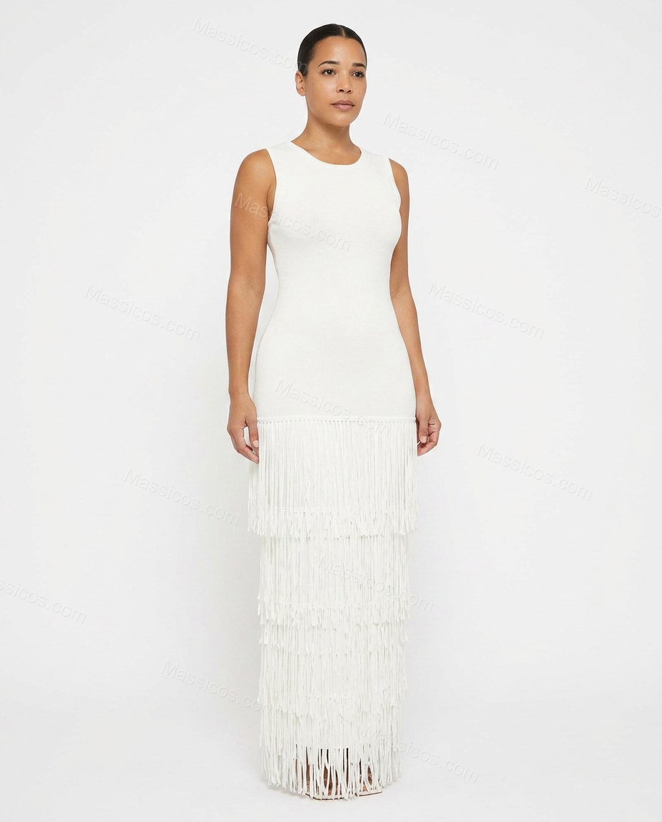 Ivory Sleek Fringe Maxi Dress by Massicos