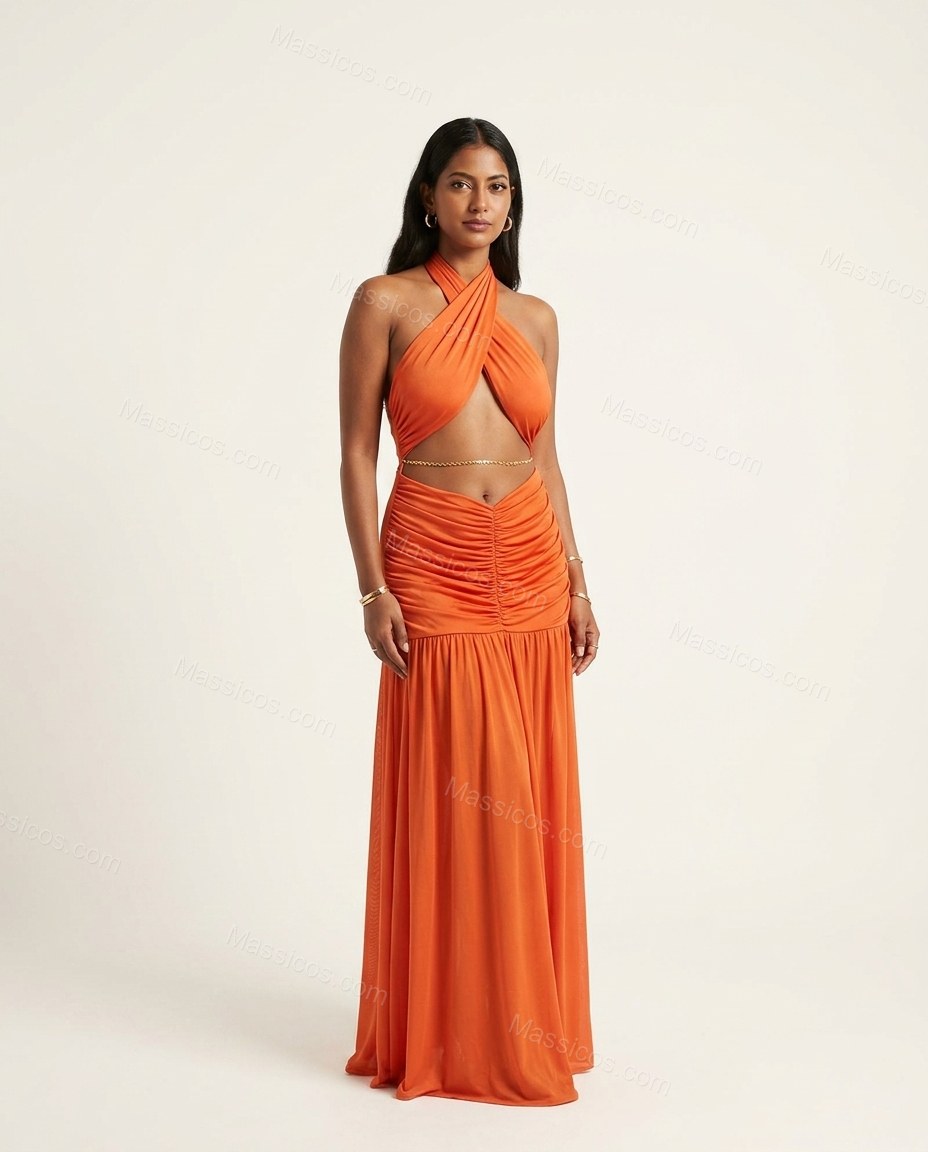 Orange Romantic Ruched Maxi Dress by Massicos
