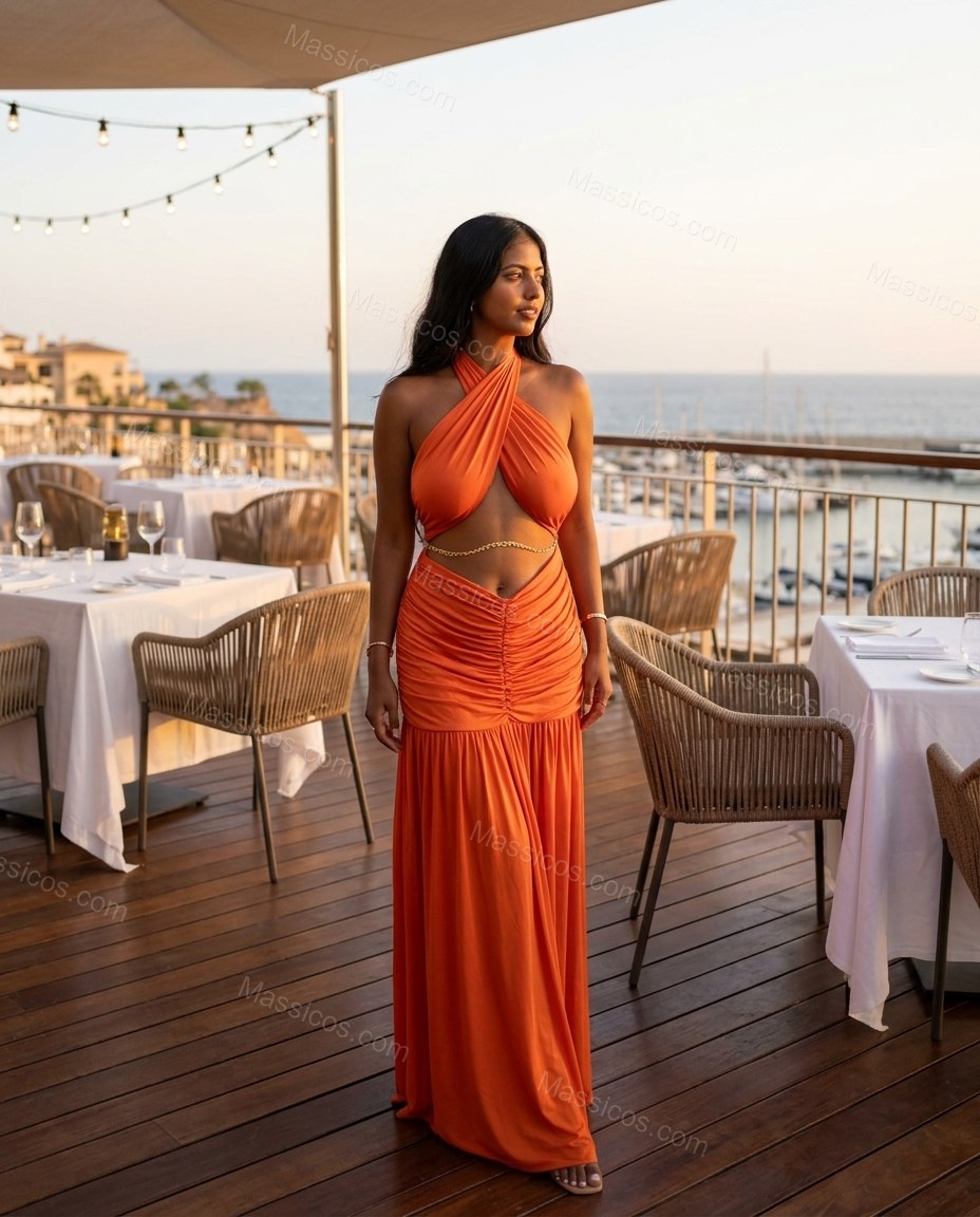 Orange Romantic Ruched Maxi Dress by Massicos