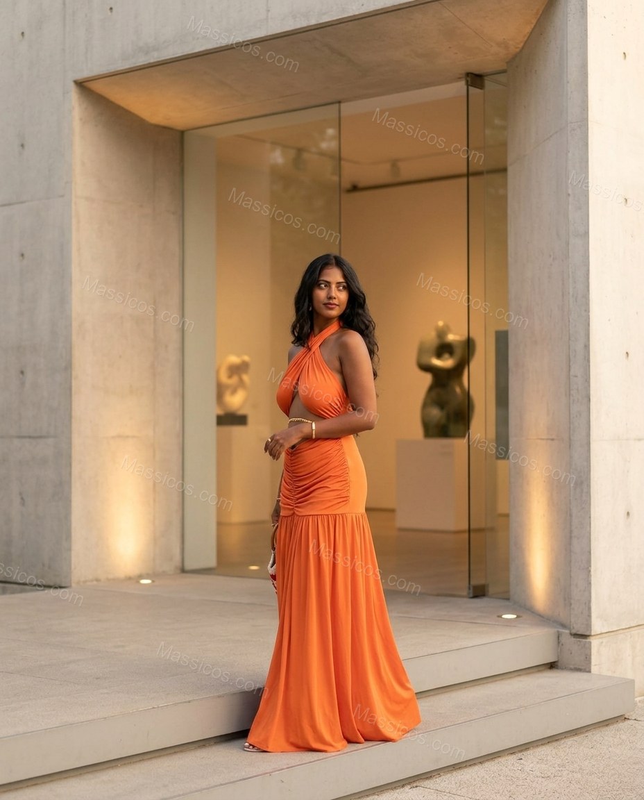 Orange Romantic Ruched Maxi Dress by Massicos