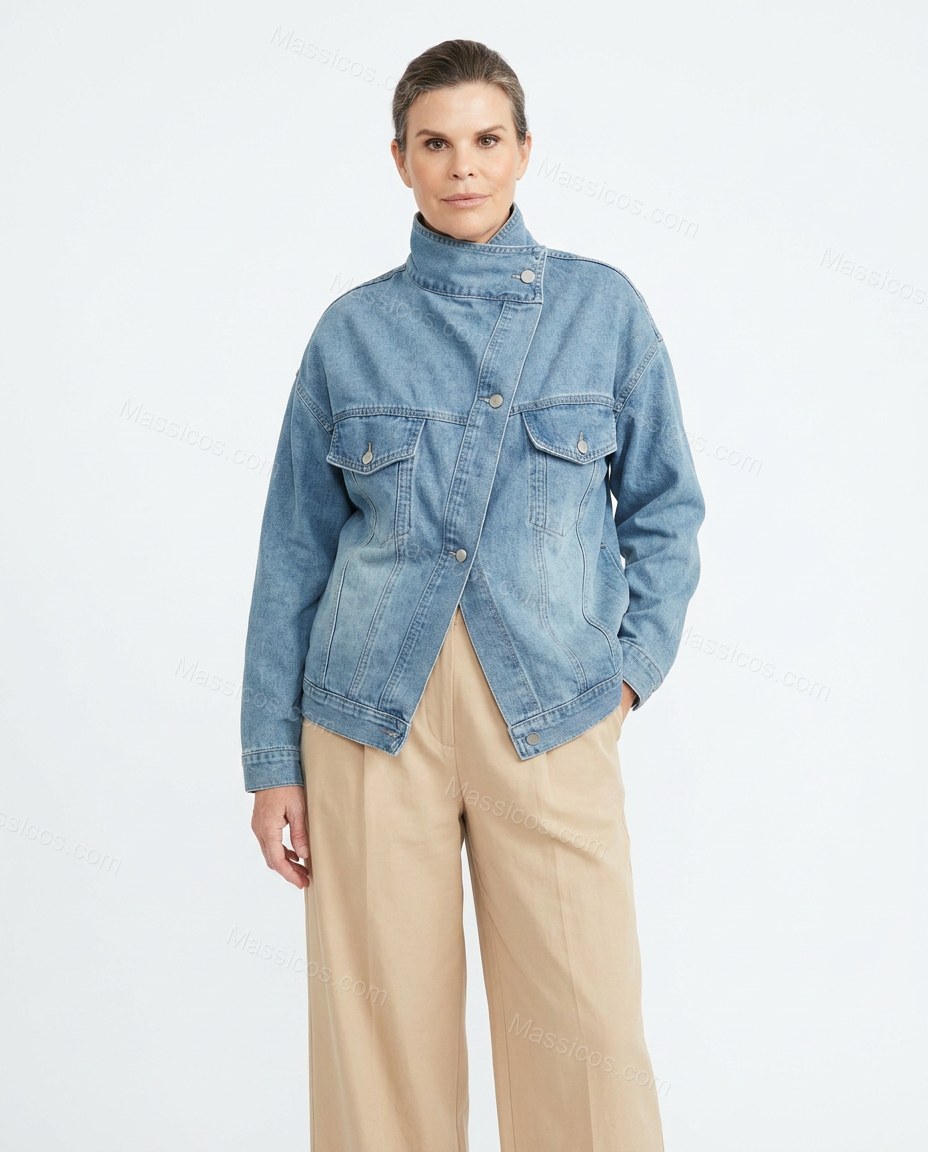 Light Blue Lace Two Chest Pockets High Collar Statement Jacket by Massicos