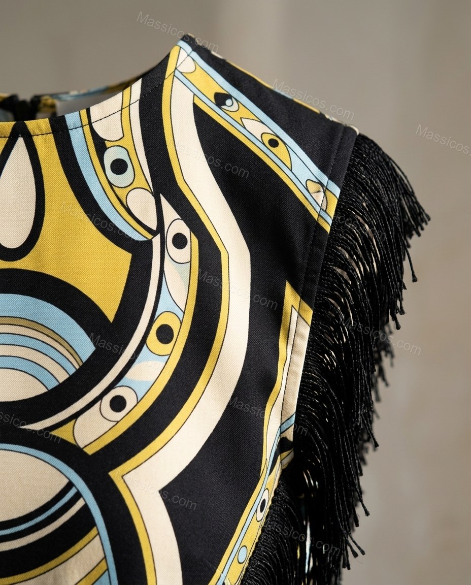 Black, Yellow, Light Blue, White Abstract Geometric Print Lace Wide-Leg Pant Set by Massicos
