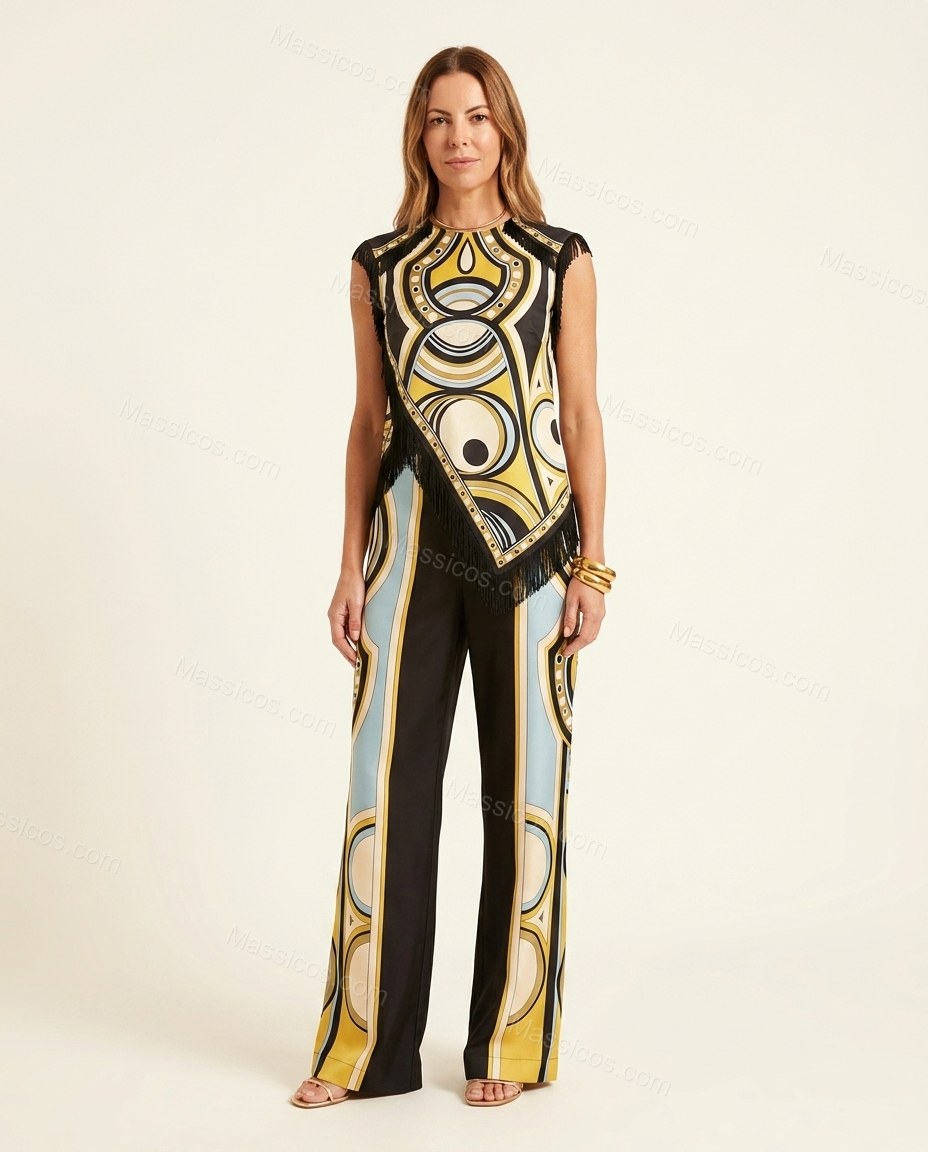 Black, Yellow, Light Blue, White Abstract Geometric Print Lace Wide-Leg Pant Set by Massicos
