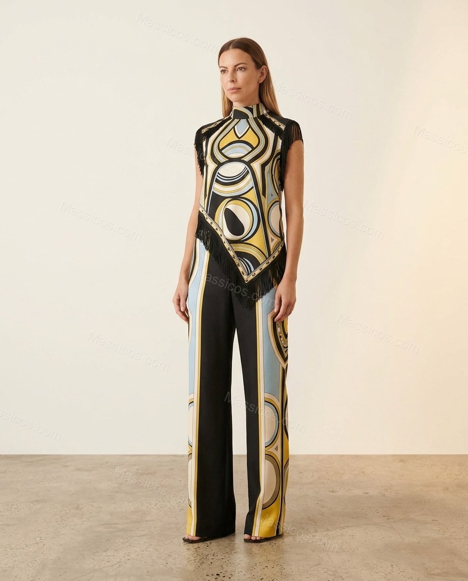 Black, Yellow, Light Blue, White Abstract Geometric Print Lace Wide-Leg Pant Set by Massicos