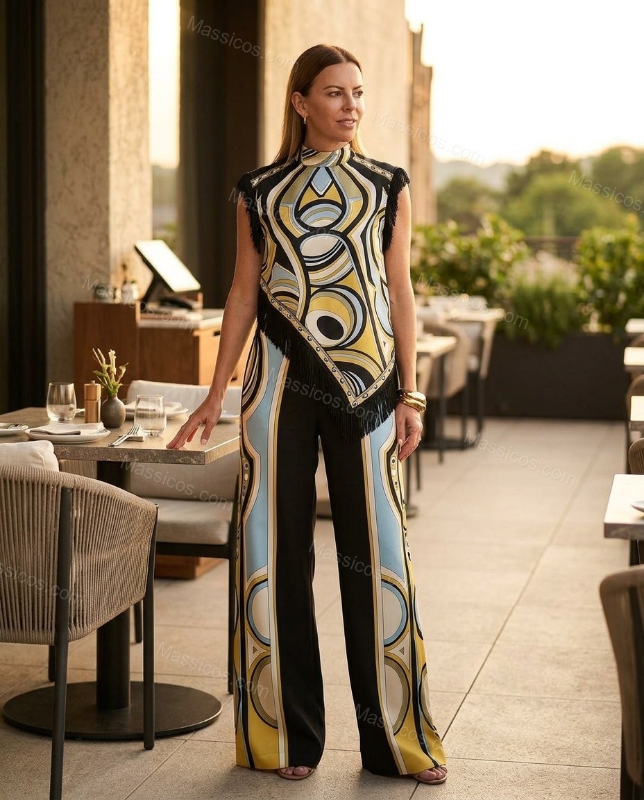 Black, Yellow, Light Blue, White Abstract Geometric Print Lace Wide-Leg Pant Set by Massicos