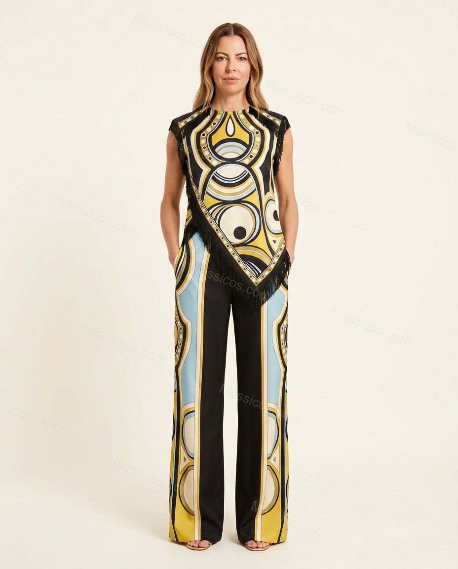 Black, Yellow, Light Blue, White Abstract Geometric Print Lace Wide-Leg Pant Set by Massicos