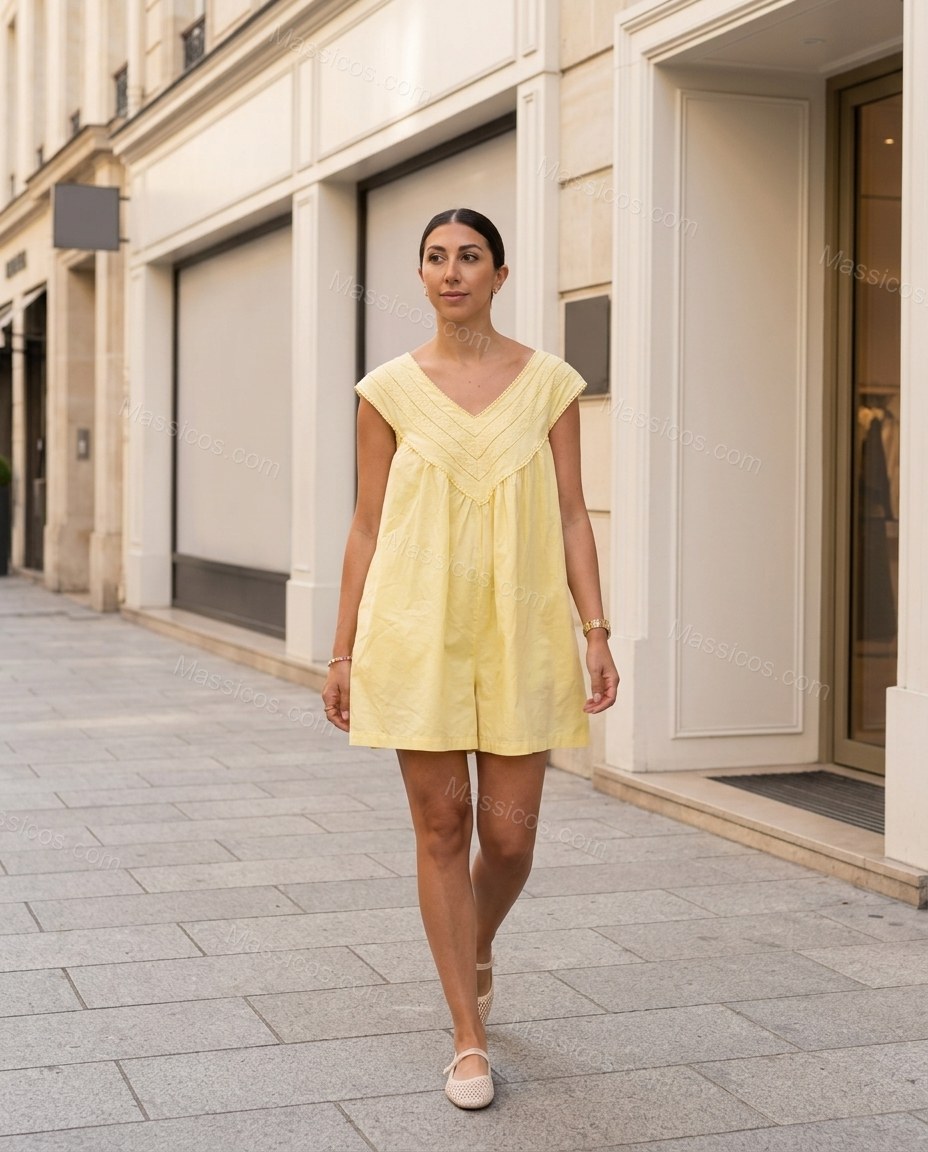 Butter Yellow Refined V-Neck Romper by Massicos