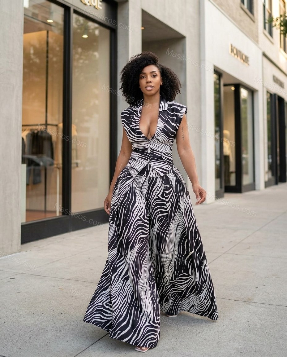 Black Soft Zebra Print Pant Set by Massicos