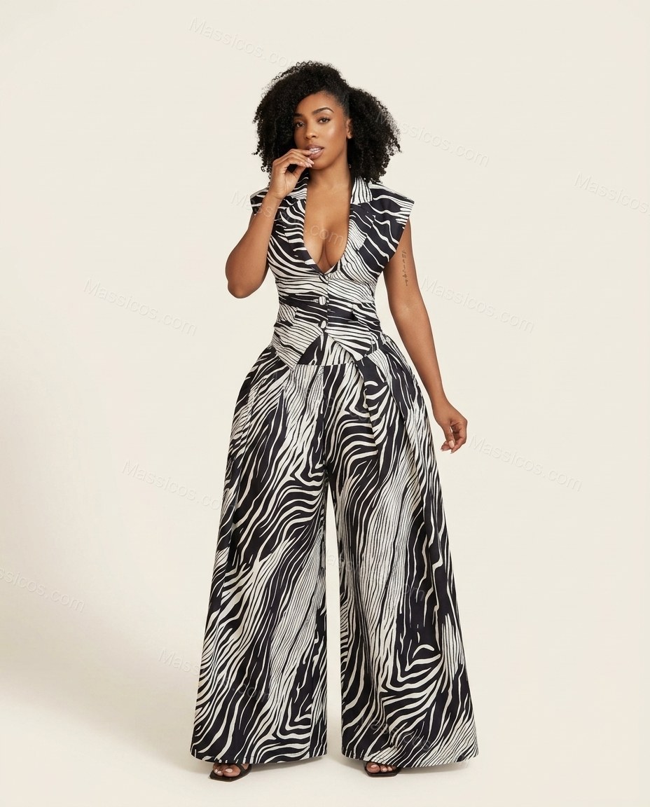 Black Soft Zebra Print Pant Set by Massicos