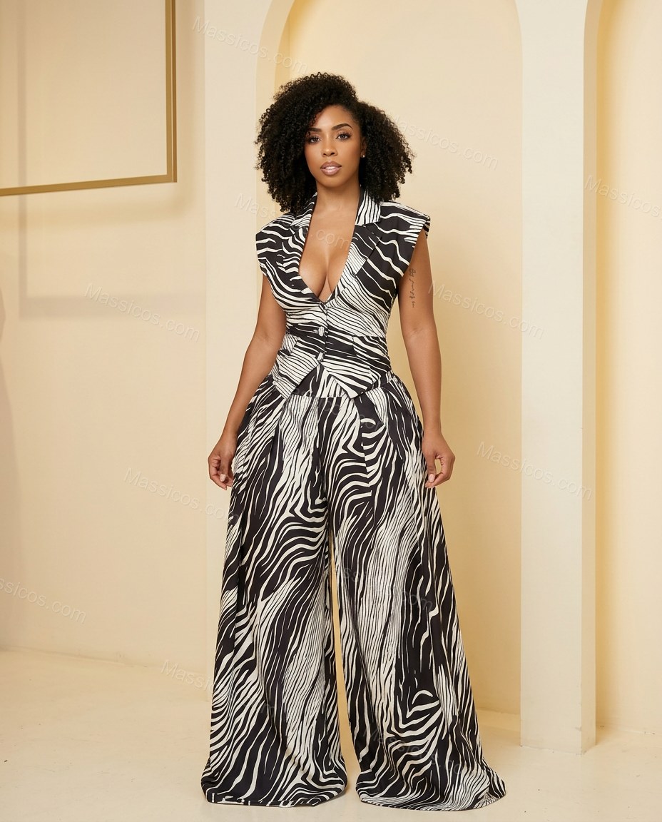 Black Soft Zebra Print Pant Set by Massicos