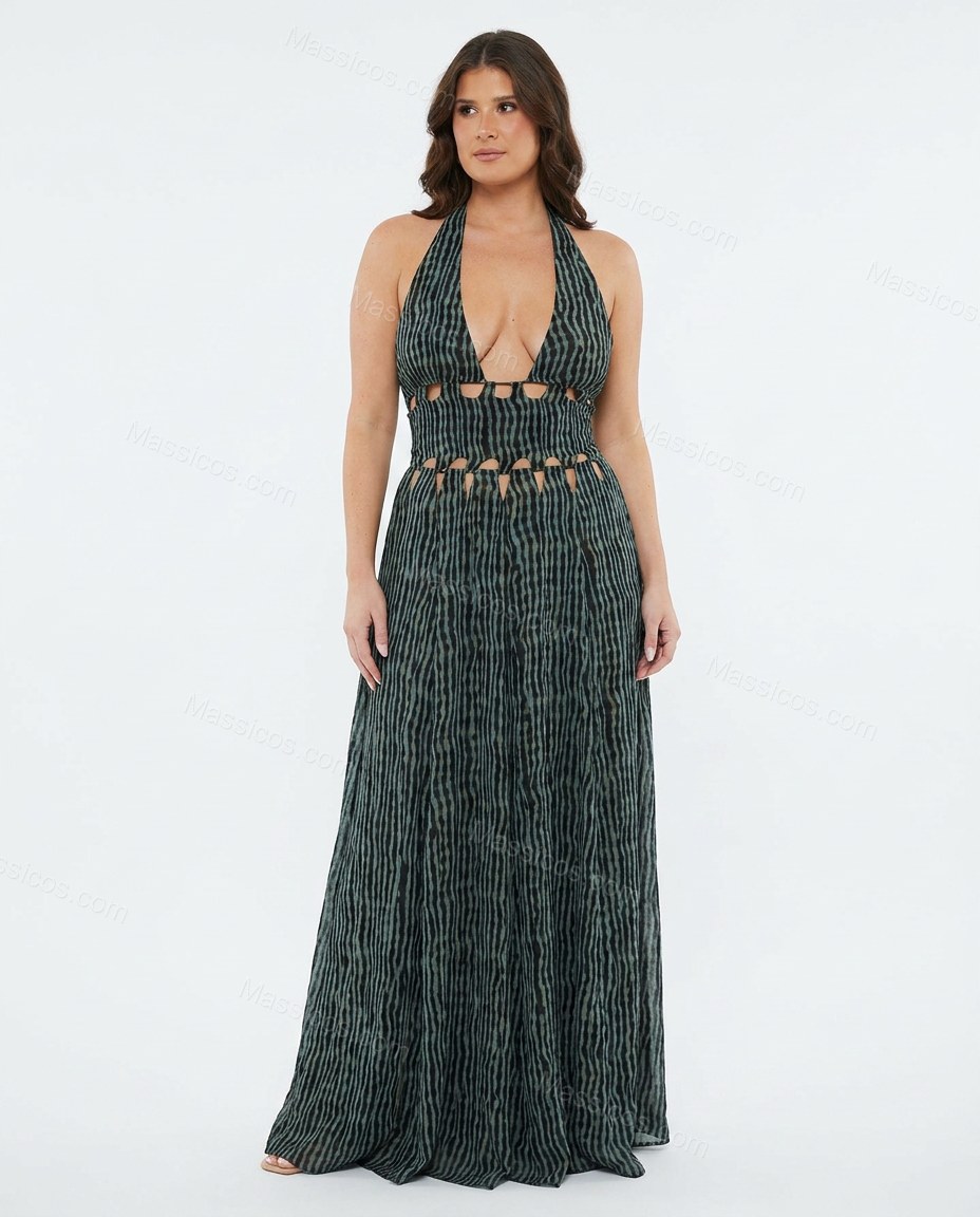 Black Abstract Print Open-Back Halter Maxi Dress by Massicos