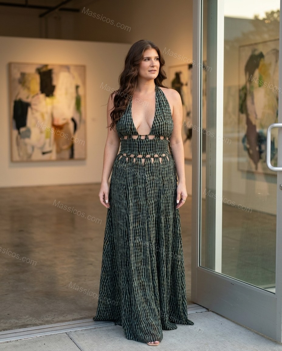 Black Abstract Print Open-Back Halter Maxi Dress by Massicos