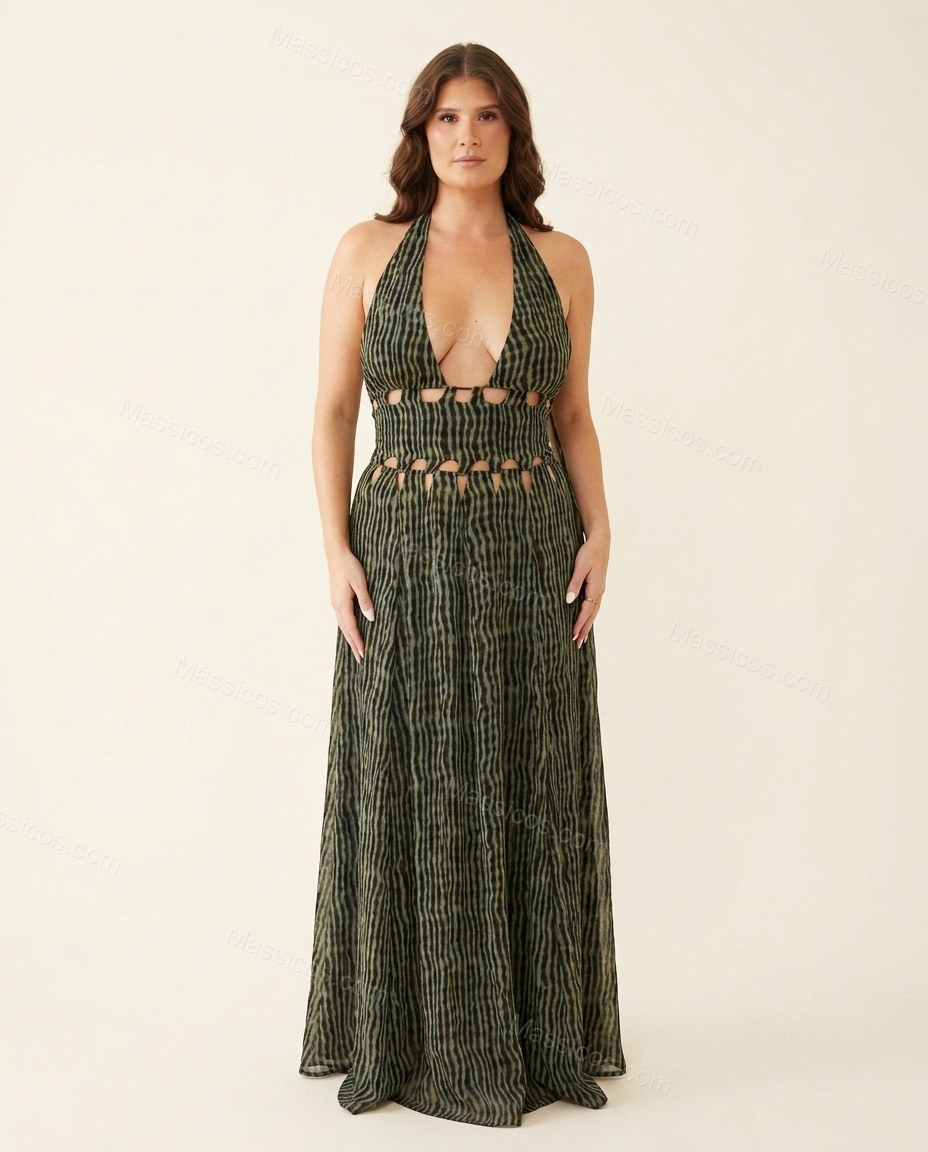 Black Abstract Print Open-Back Halter Maxi Dress by Massicos