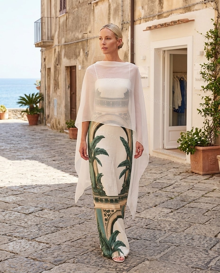 Ivory After-Dark Lace Maxi Dress Ivory Maxi Dress with Relaxed Fit silhouette and Satin texture, editorial ecommerce scene for Day-to-Night, a transitional city plan, Fall late-summer dinners, city weekends, and early-fall plans, Euro Chic Premium by Massicos