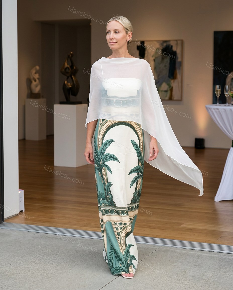 Ivory After-Dark Lace Maxi Dress Ivory Maxi Dress with Relaxed Fit silhouette and Satin texture, lifestyle scene image for Day-to-Night, a transitional city plan, Fall late-summer dinners, city weekends, and early-fall plans, Euro Chic Premium by Massicos