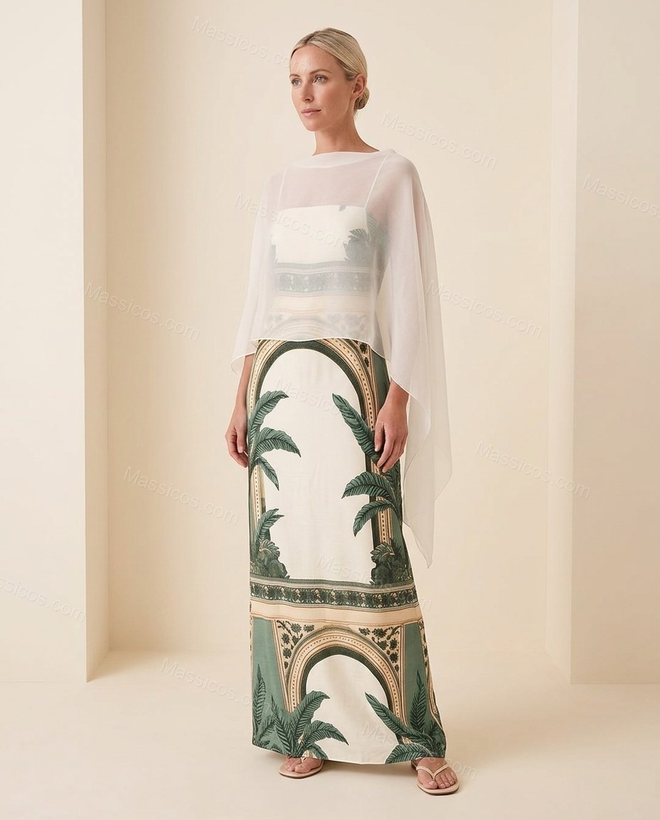 Ivory After-Dark Lace Maxi Dress Ivory Maxi Dress with Relaxed Fit silhouette and Satin texture, front view product image for Day-to-Night, a transitional city plan, Fall late-summer dinners, city weekends, and early-fall plans, Euro Chic Premium by Massicos