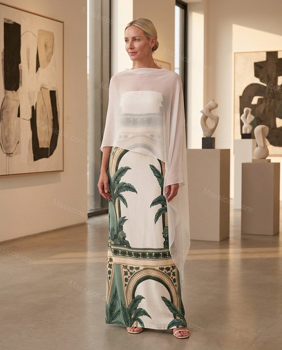 Ivory After-Dark Lace Maxi Dress Ivory Maxi Dress with Relaxed Fit silhouette and Satin texture, fabric and construction detail for Day-to-Night, a transitional city plan, Fall late-summer dinners, city weekends, and early-fall plans, Euro Chic Premium by Massicos
