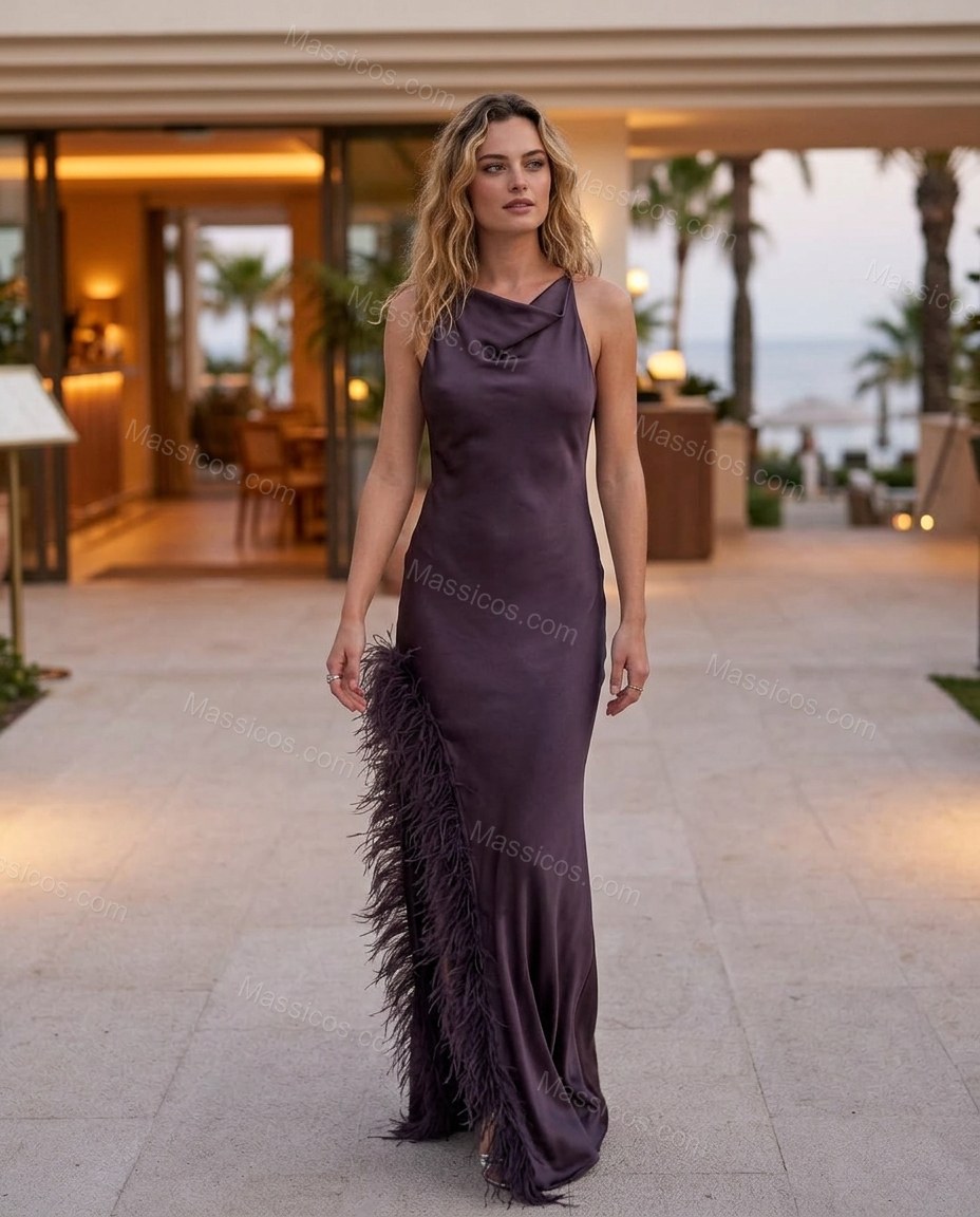 Dark Purple After-Dark Satin Maxi Dress Dark Purple Maxi Dress with Flowing silhouette and Satin texture, editorial ecommerce scene for Day-to-Night, a polished weekend event, Fall late-summer dinners, city weekends, and early-fall plans, US Coastal Glam by Massicos