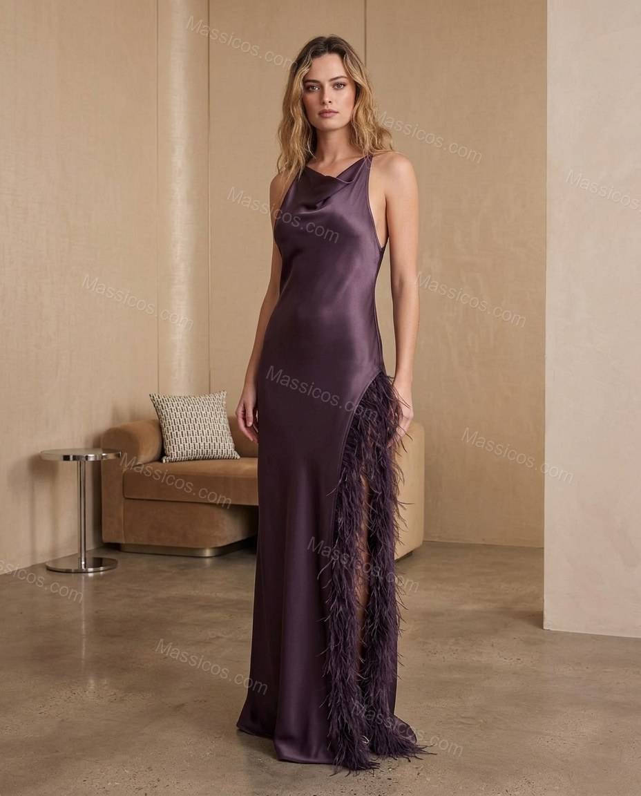 Dark Purple After-Dark Satin Maxi Dress Dark Purple Maxi Dress with Flowing silhouette and Satin texture, front view product image for Day-to-Night, a polished weekend event, Fall late-summer dinners, city weekends, and early-fall plans, US Coastal Glam by Massicos