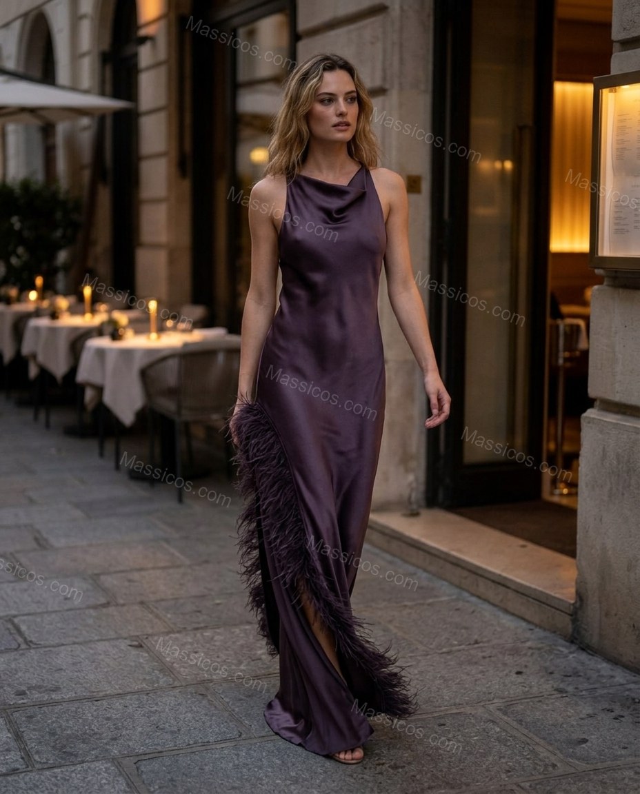 Dark Purple After-Dark Satin Maxi Dress Dark Purple Maxi Dress with Flowing silhouette and Satin texture, outdoor styling image for Day-to-Night, a polished weekend event, Fall late-summer dinners, city weekends, and early-fall plans, US Coastal Glam by Massicos