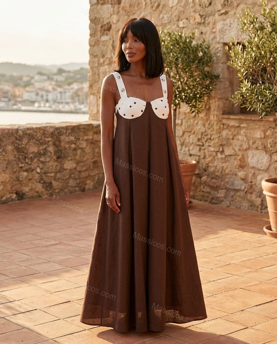 Brown And White Polka Dot Print Open-Back Lace Maxi Dress Brown And White Maxi Dress with Flowing silhouette and Textured texture, editorial ecommerce scene for Day-to-Night, a transitional city plan, Fall late-summer dinners, city weekends, and early-fal by Massicos