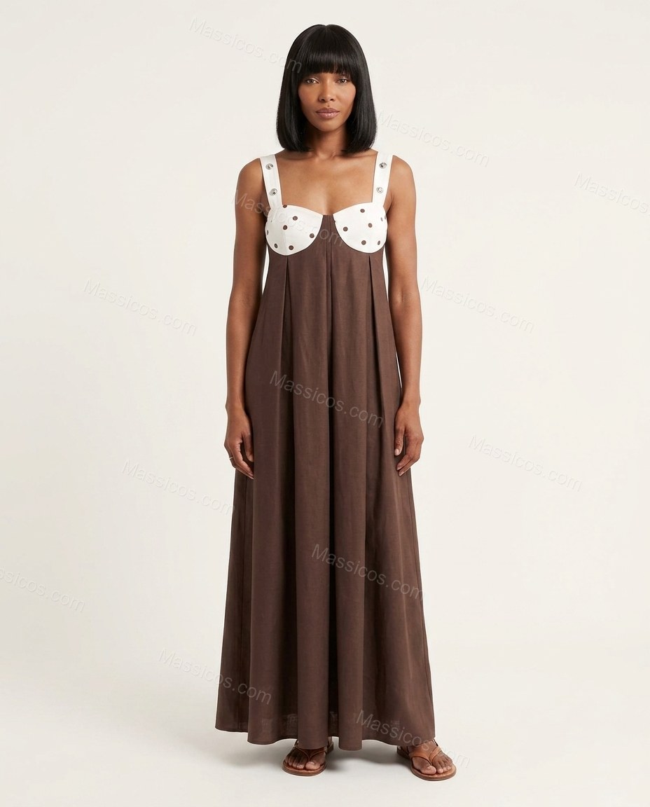 Brown And White Polka Dot Print Open-Back Lace Maxi Dress Brown And White Maxi Dress with Flowing silhouette and Textured texture, side or back garment view for Day-to-Night, a transitional city plan, Fall late-summer dinners, city weekends, and early-fal by Massicos
