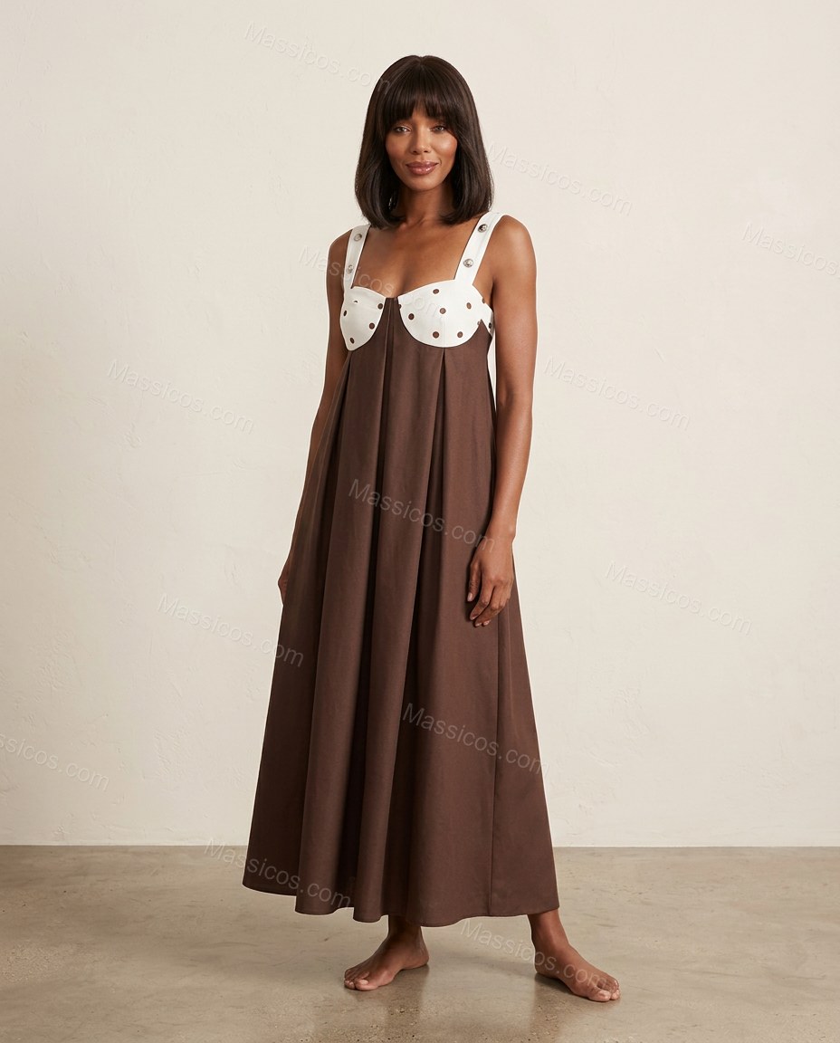 Brown And White Polka Dot Print Open-Back Lace Maxi Dress Brown And White Maxi Dress with Flowing silhouette and Textured texture, front view product image for Day-to-Night, a transitional city plan, Fall late-summer dinners, city weekends, and early-fall by Massicos