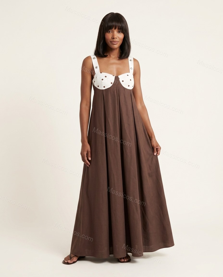 Brown And White Polka Dot Print Open-Back Lace Maxi Dress Brown And White Maxi Dress with Flowing silhouette and Textured texture, clean studio product view for Day-to-Night, a transitional city plan, Fall late-summer dinners, city weekends, and early-fal by Massicos