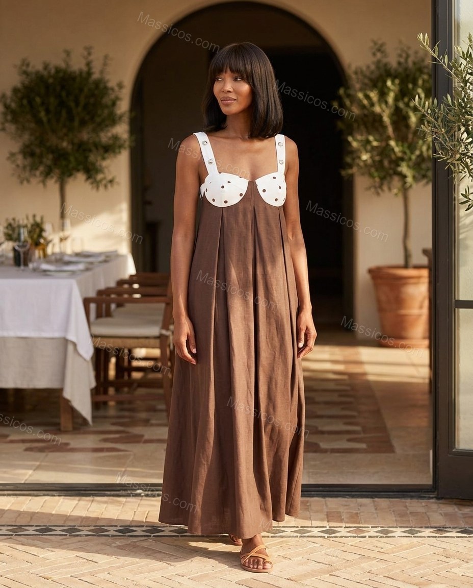 Brown And White Polka Dot Print Open-Back Lace Maxi Dress Brown And White Maxi Dress with Flowing silhouette and Textured texture, lifestyle scene image for Day-to-Night, a transitional city plan, Fall late-summer dinners, city weekends, and early-fall pl by Massicos