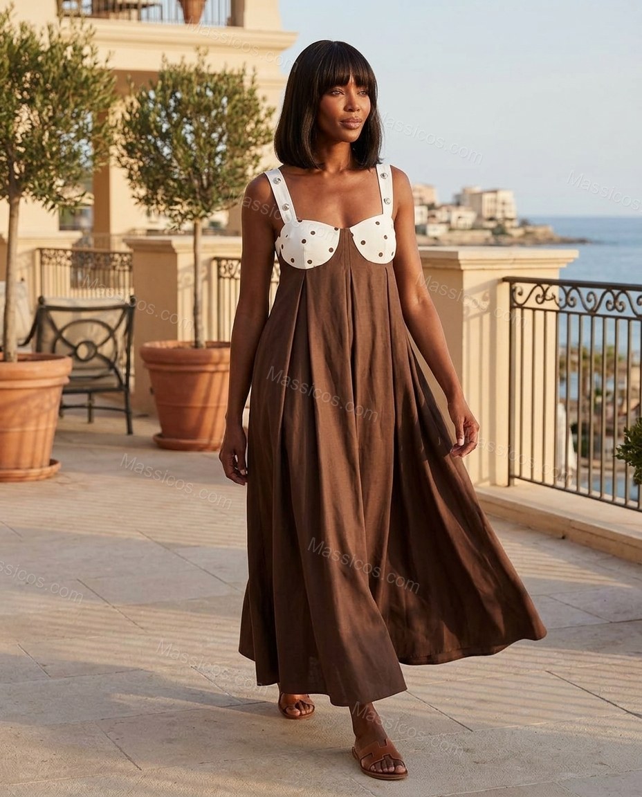 Brown And White Polka Dot Print Open-Back Lace Maxi Dress Brown And White Maxi Dress with Flowing silhouette and Textured texture, outdoor styling image for Day-to-Night, a transitional city plan, Fall late-summer dinners, city weekends, and early-fall pl by Massicos