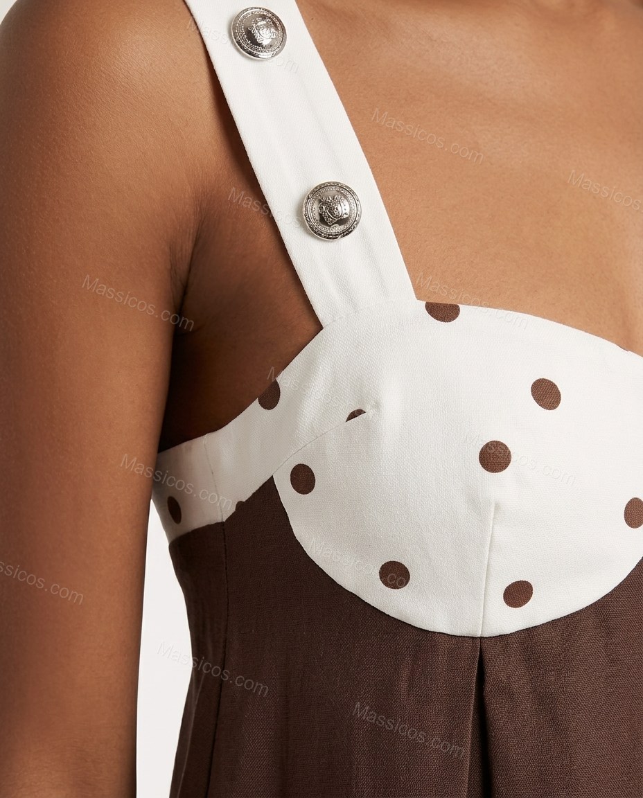 Brown And White Polka Dot Print Open-Back Lace Maxi Dress Brown And White Maxi Dress with Flowing silhouette and Textured texture, additional styling view for Day-to-Night, a transitional city plan, Fall late-summer dinners, city weekends, and early-fall by Massicos