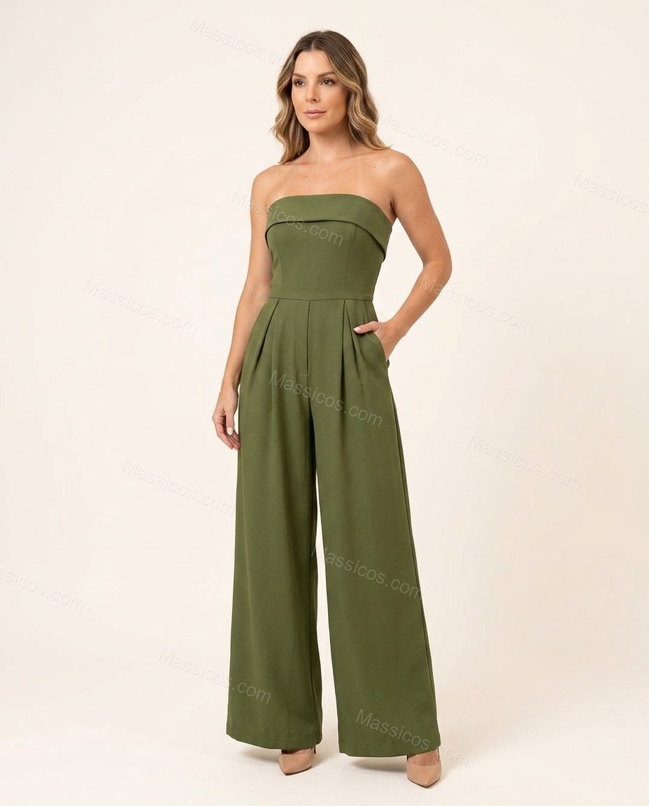 Olive Green Sunlit Pleated Jumpsuit Olive Green Jumpsuit with Wide-Leg silhouette and Textured texture, side or back garment view for Day-to-Night, an early-evening outing, Fall late-summer dinners, city weekends, and early-fall plans, US Coastal Glam by Massicos