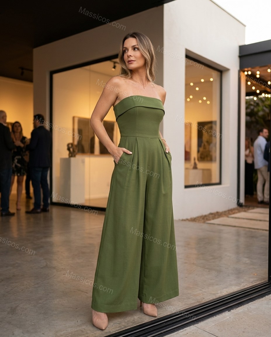 Olive Green Sunlit Pleated Jumpsuit Olive Green Jumpsuit with Wide-Leg silhouette and Textured texture, editorial ecommerce scene for Day-to-Night, an early-evening outing, Fall late-summer dinners, city weekends, and early-fall plans, US Coastal Glam by Massicos