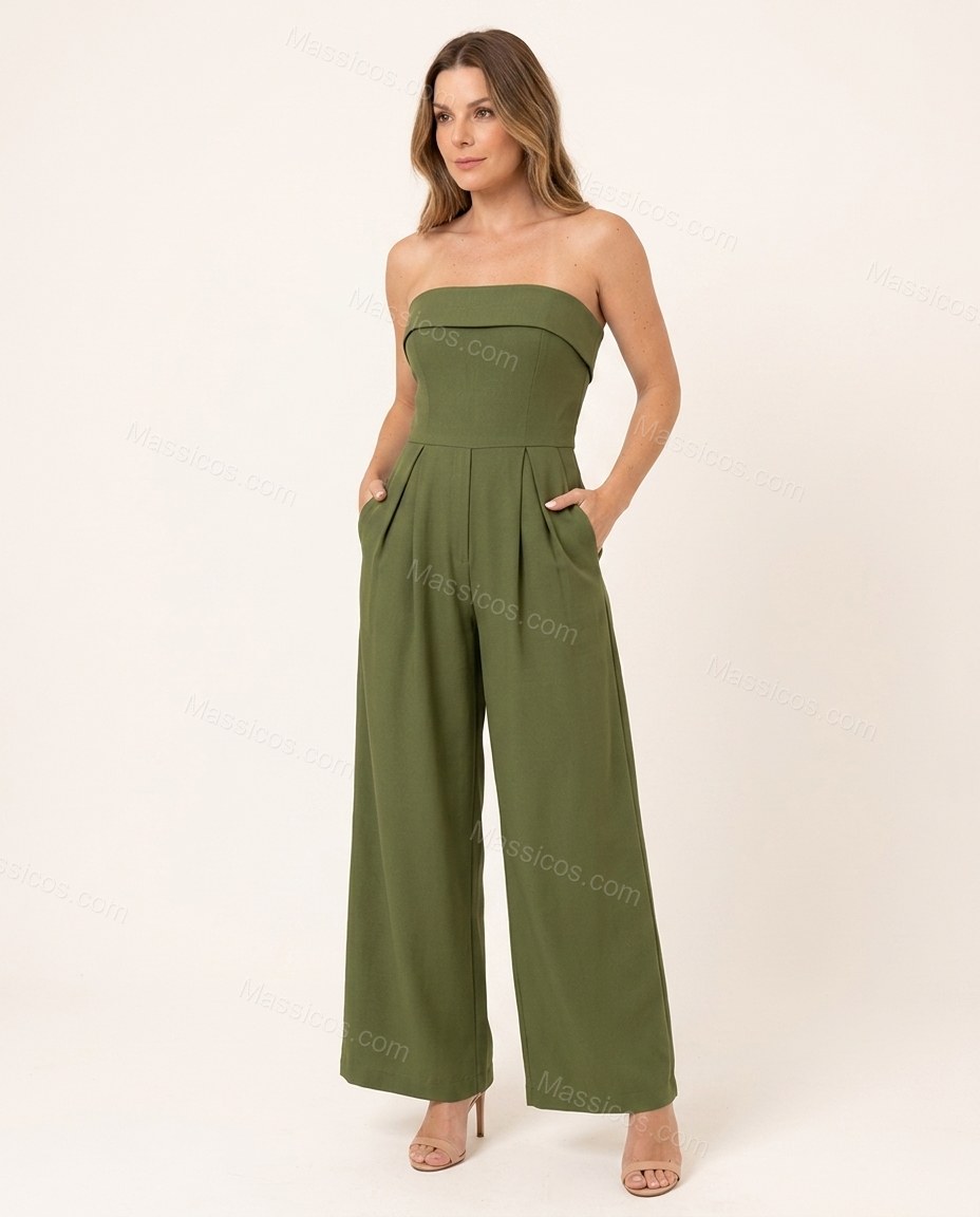 Olive Green Sunlit Pleated Jumpsuit Olive Green Jumpsuit with Wide-Leg silhouette and Textured texture, clean studio product view for Day-to-Night, an early-evening outing, Fall late-summer dinners, city weekends, and early-fall plans, US Coastal Glam by Massicos