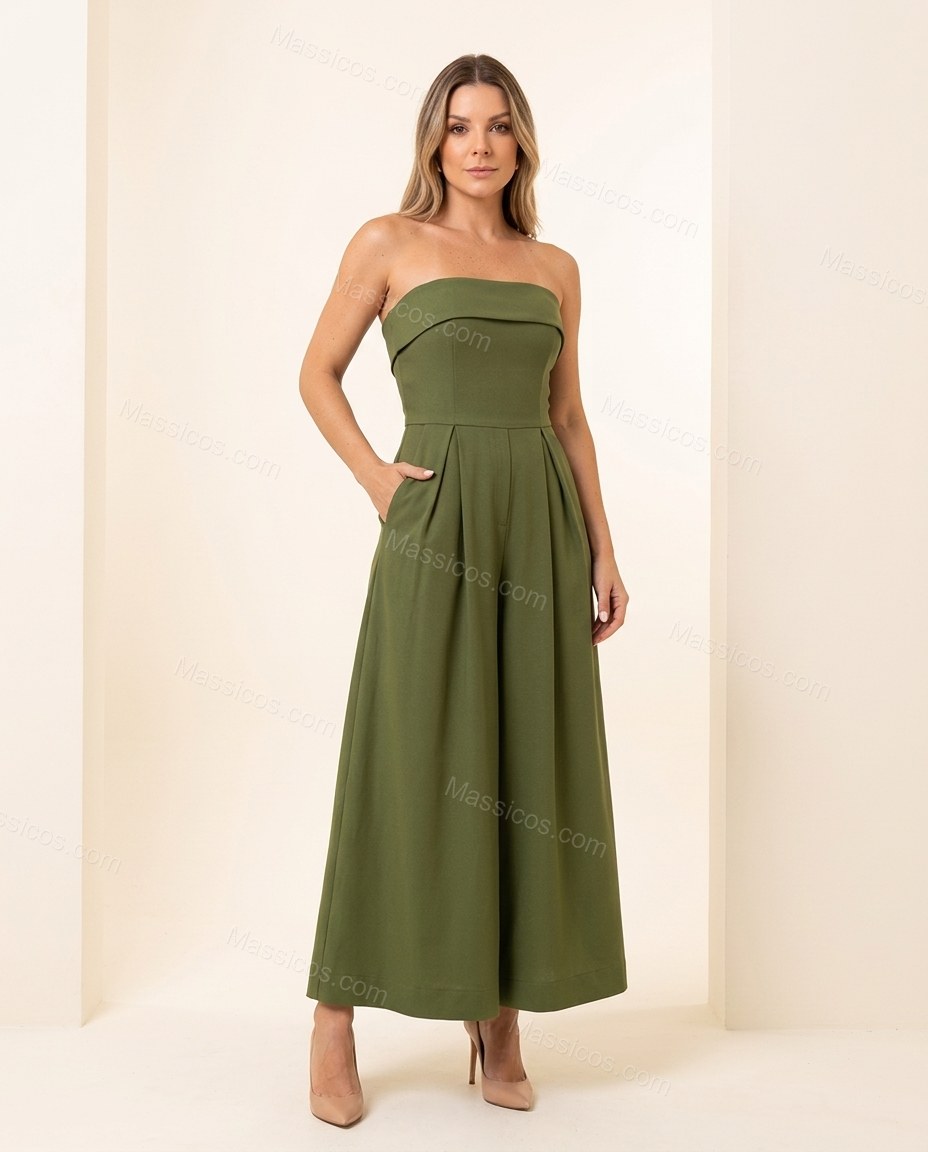 Olive Green Sunlit Pleated Jumpsuit Olive Green Jumpsuit with Wide-Leg silhouette and Textured texture, front view product image for Day-to-Night, an early-evening outing, Fall late-summer dinners, city weekends, and early-fall plans, US Coastal Glam by Massicos