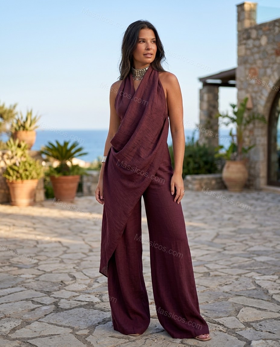 Burgundy Romantic Textured Halter Jumpsuit by Massicos