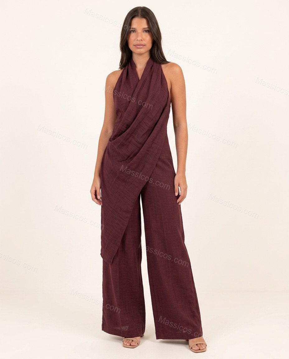 Burgundy Romantic Textured Halter Jumpsuit Burgundy Jumpsuit with Wide-Leg silhouette and Textured texture, clean studio product view for Day-to-Night, a transitional city plan, Fall late-summer dinners, city weekends, and early-fall plans, Euro Chic Prem by Massicos
