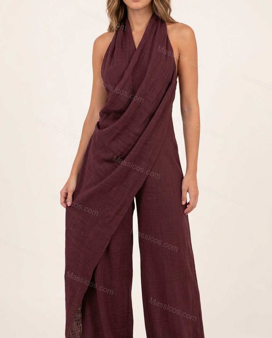 Burgundy Romantic Textured Halter Jumpsuit by Massicos