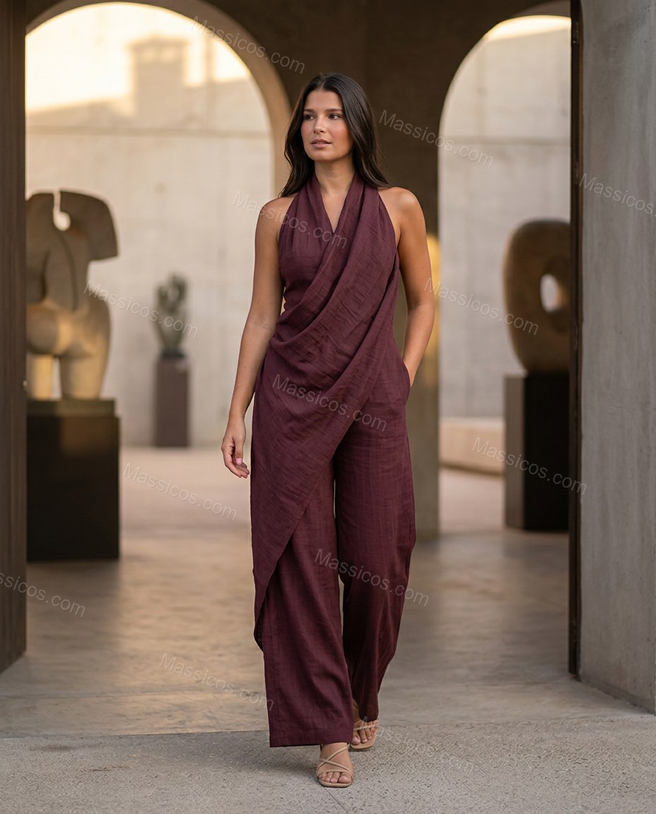 Burgundy Romantic Textured Halter Jumpsuit by Massicos