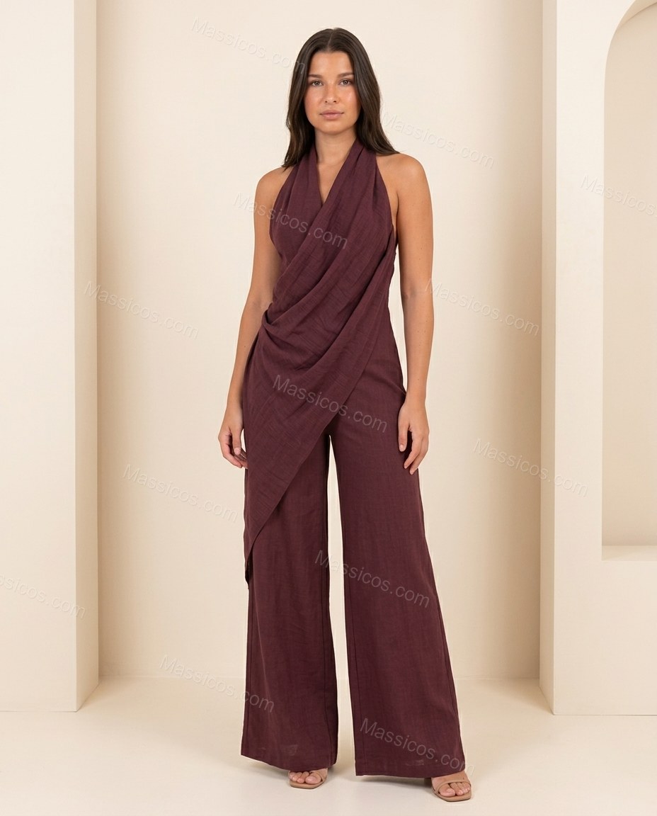 Burgundy Romantic Textured Halter Jumpsuit Burgundy Jumpsuit with Wide-Leg silhouette and Textured texture, front view product image for Day-to-Night, a transitional city plan, Fall late-summer dinners, city weekends, and early-fall plans, Euro Chic Premi by Massicos