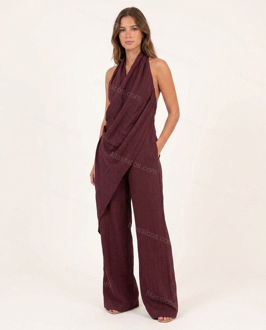 Burgundy Romantic Textured Halter Jumpsuit by Massicos