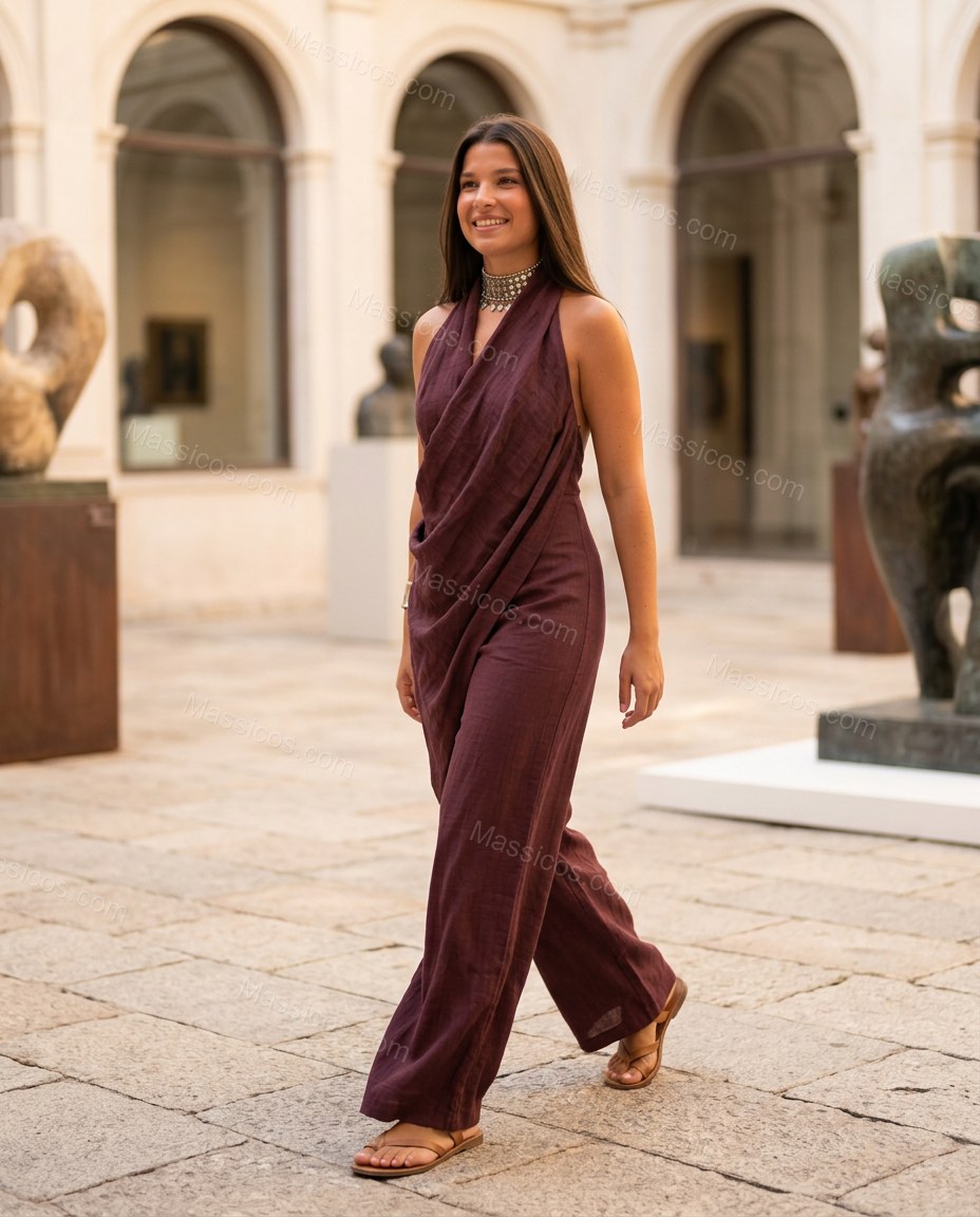 Burgundy Romantic Textured Halter Jumpsuit by Massicos