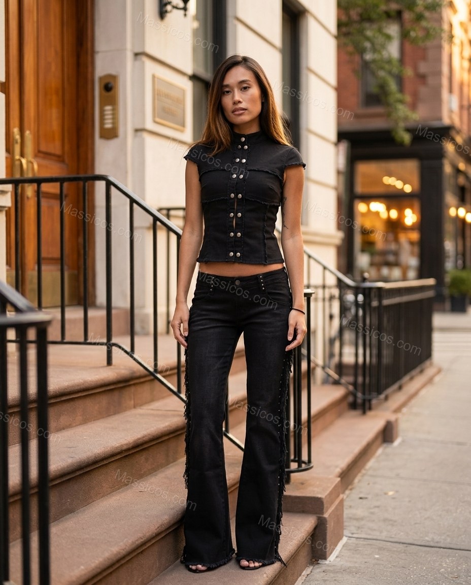 Black Polished Denim Cropped Top by Massicos