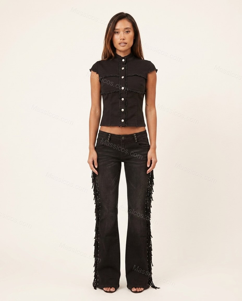 Black Polished Denim Cropped Top by Massicos