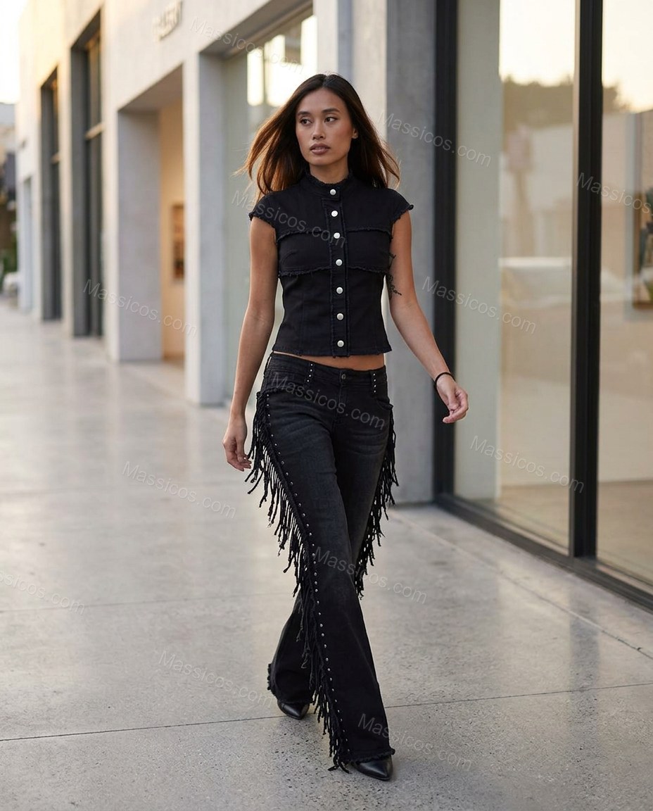 Black Polished Denim Cropped Top by Massicos