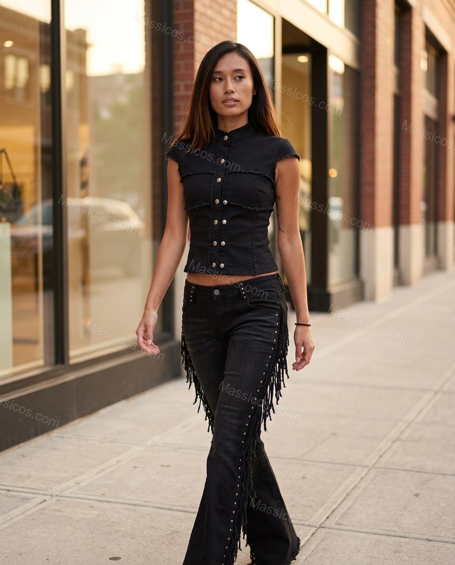 Black Polished Denim Cropped Top by Massicos