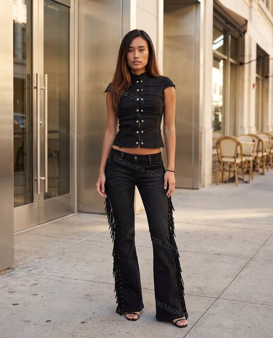 Black Polished Denim Cropped Top by Massicos