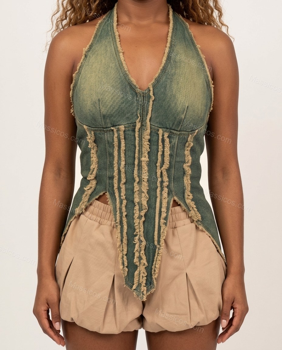 Faded Blue-Green Halter Lace Distressed Raw-Edge Denim Strips Short Set by Massicos