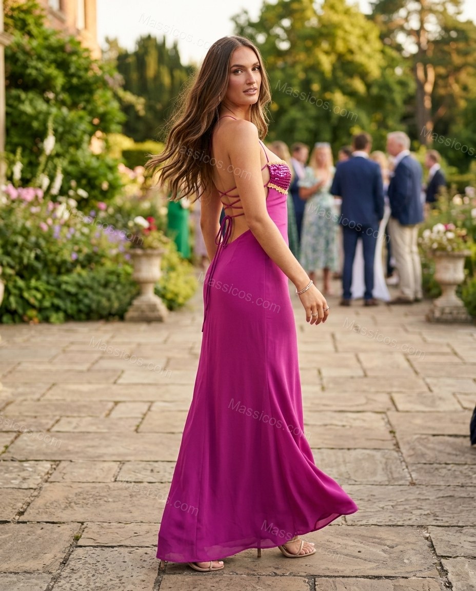 Magenta Elevated Lace Maxi Dress Magenta Maxi Dress with Flowing silhouette and Textured texture, outdoor styling image for Day-to-Night, a transitional city plan, Fall late-summer dinners, city weekends, and early-fall plans, US East / Hamptons Elite by Massicos